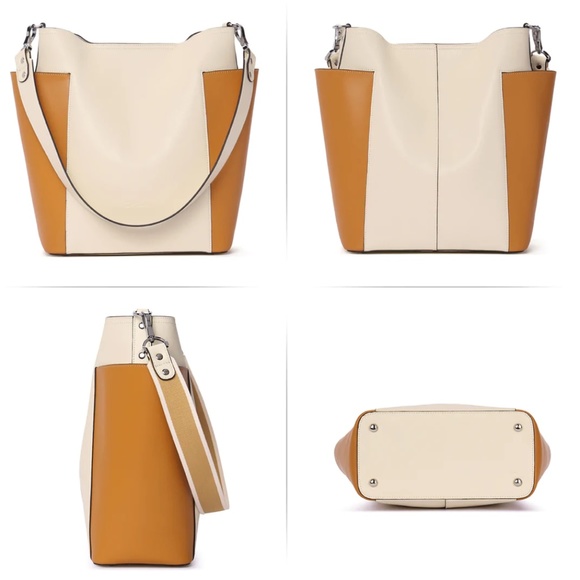 Bostanten Women's Leather Bucket Handbag in Beige and Yellow - Picture 3 of 7